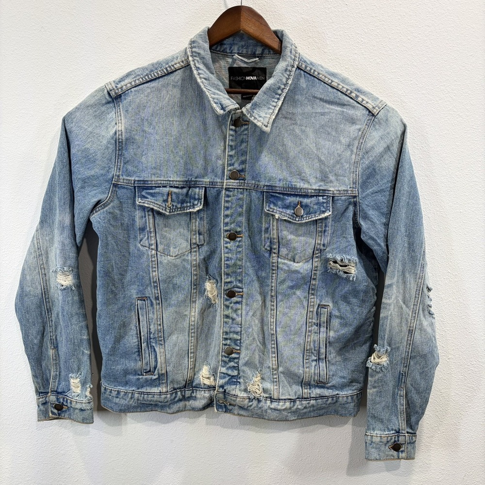 Fashion Nova Men's Denim Jacket Button Front Point Collar Pockets XL Distressed